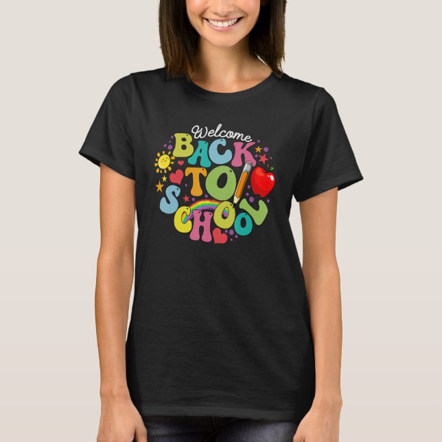 Camiseta Groovy Welcome Back To School Rainbow Pencil Teach (Frente)