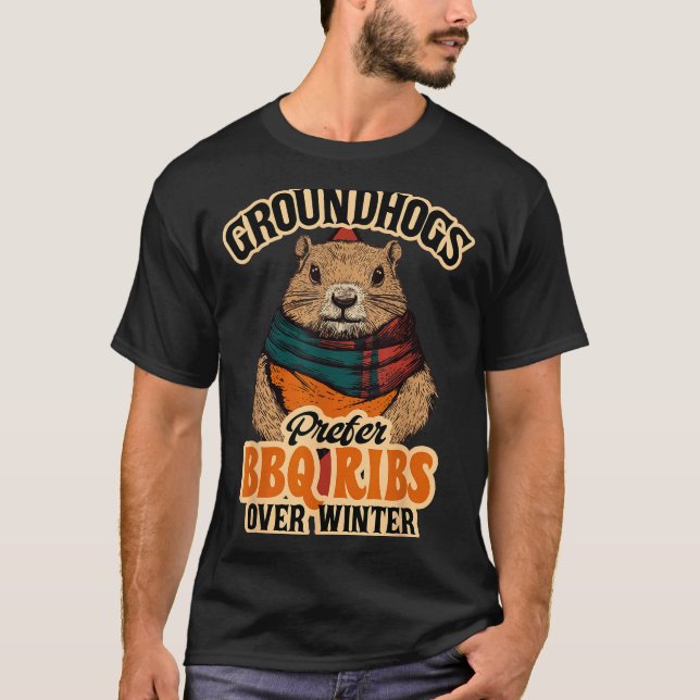 Camiseta Groundhogs Prefer Bbq Ribs Over Winter - Funny Des (Frente)