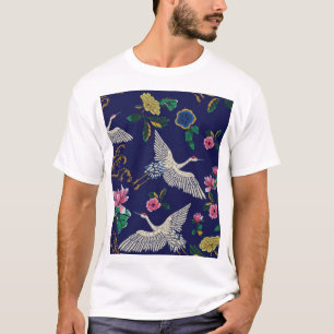 Camiseta Gruas bordadas e flores, sem costura de vinhaça