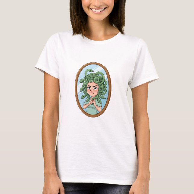 Camiseta Grumpy Cartoon Medusa Looking in Oval Mirror (Frente)