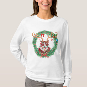 Camiseta Grumpy Christmas Cat Reindee Wreath Long
