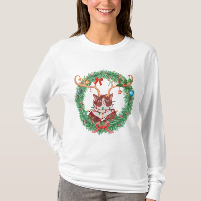 Camiseta Grumpy Christmas Cat Reindee Wreath Long (Frente)