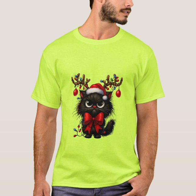Camiseta Grumpy Christmas Cat with Santa Hat and Antlers (Frente)