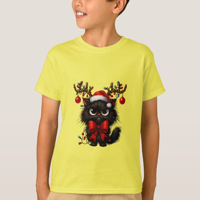 Camiseta Grumpy Christmas Cat with Santa Hat and Antlers (Frente)