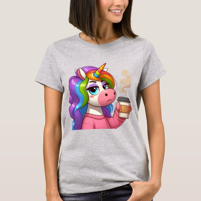 Camiseta Grumpy Unicorn Needs Coffee Cartoon (Frente)