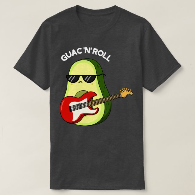 Camiseta Guac e Roll Funny Rocker Avocado Pun Dark BG (Frente do Design)