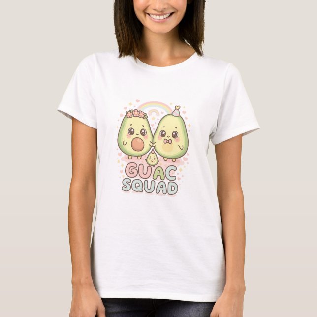 Camiseta Guac Squad – Trio de Abacate Kawaii com Arco-íris  (Frente)