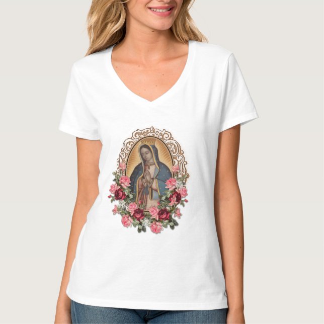 Camiseta Guadalupe Rosas Católica Espanhola Virgem Maria (Frente)