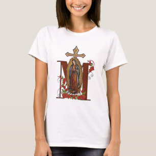 Camiseta Guadalupe Virgin Mary Rosa vermelha Cross