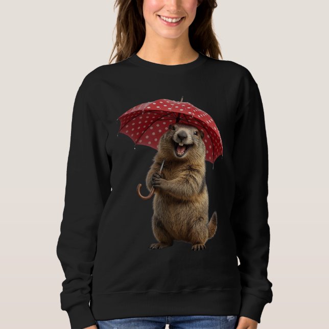 Camiseta Guarda-chuva de bolinhas vermelhas de marmota huma (Frente)
