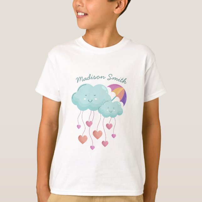 Camiseta Guarda-chuvas Coloridos com Nuvens Bonitas (Frente)