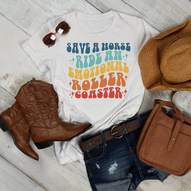 Camiseta Guarde uma Porta copos do cilindro emocional (Save a Horse Ride an emotional roller coaster T-Shirt, Retro Groovy Font)