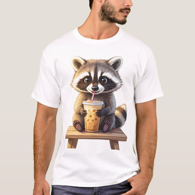 Camiseta Guaxinim Bebendo Café Gelado (Frente)