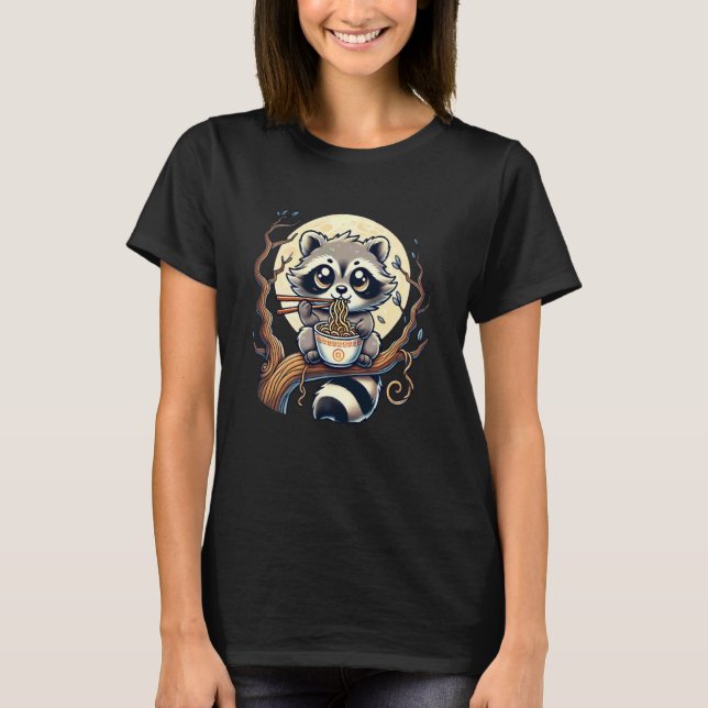 Camiseta Guaxinim Comendo Macarrão Ramen Engraçado (Frente)