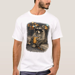 Camiseta Guaxinim engraçado bebendo café gelado Meme de ani