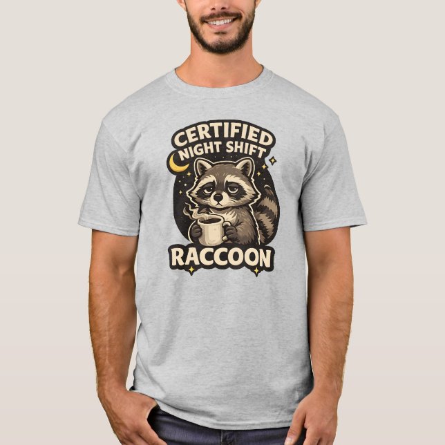 Camiseta Guaxinim Engraçado do Turno da Noite Certificado A (Frente)