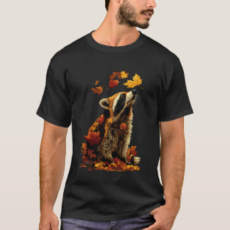 Camiseta Guaxinim Fofo com Folhas de Outono Animal Feral Ou