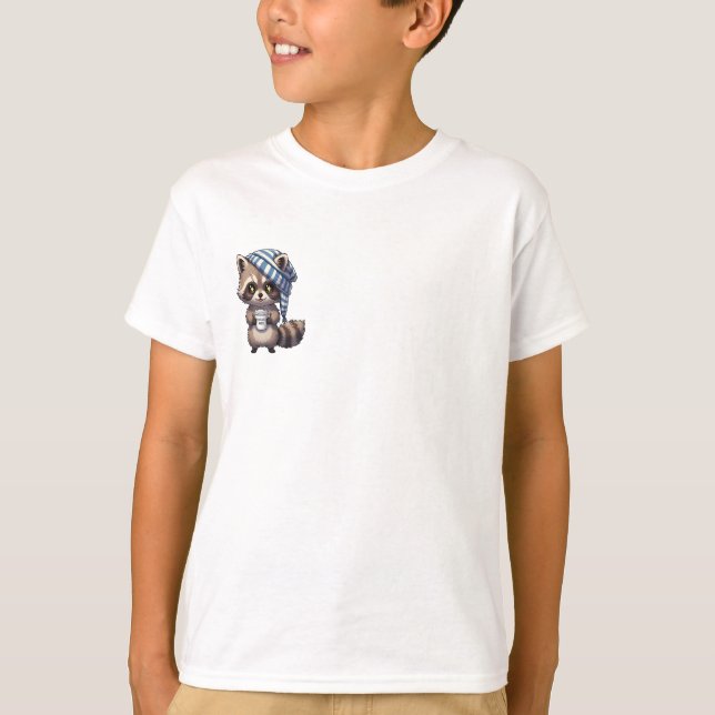 Camiseta Guaxinim Infantil Sonolento e Café (Frente)