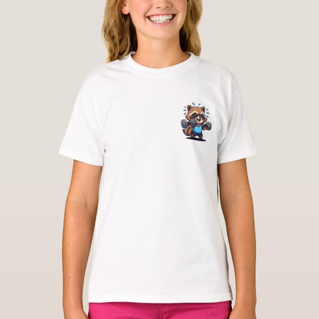 Camiseta Guaxinim Levantando Peso no Ginásio Crianças (Frente)