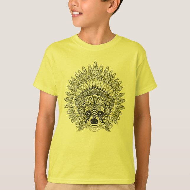 Camiseta Guaxinim no Doodle emplumado da capota da guerra (Frente)