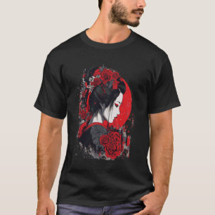 Camiseta Gueixa com Rosas Vermelhas em Frente ao Sol Vermel