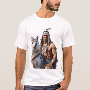 Camiseta Guerreiro Americano Nativo com Wolf