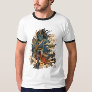 Camiseta Guerreiro Demônio Oni Azul   Mitologia Yokai Japon