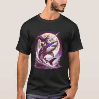Camiseta Guerreiro Gato Montando Tubarão Gato Engraçado com