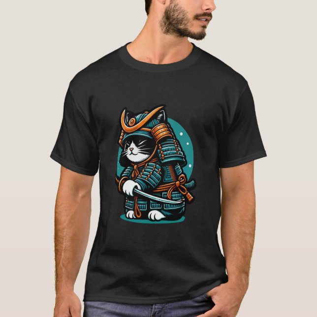 Camiseta Guerreiro Gato Samurai em Armadura com Espada (Frente)