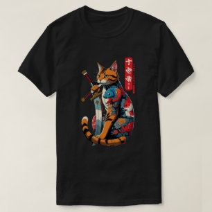 Camiseta Guerreiro Gato Samurai – Estilo Épico de Tatuagem 