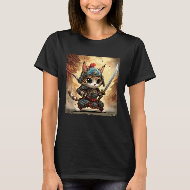 Camiseta Guerreiro Gato Samurai Feroz & Estilo Fofo (Frente)