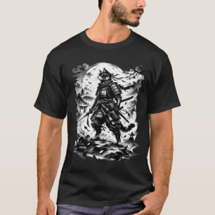 Camiseta Guerreiro Gato Samurai Gráfico Estilo Tinta Vintag
