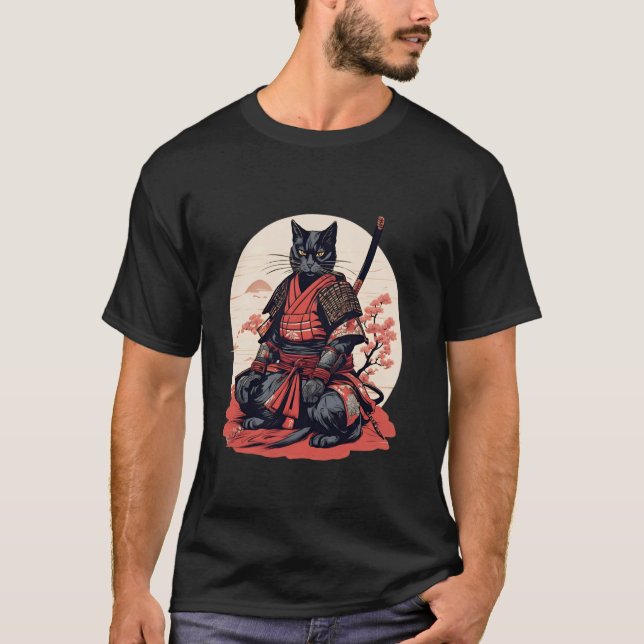 Camiseta Guerreiro Gato Samurai Japonês Retrô (Frente)