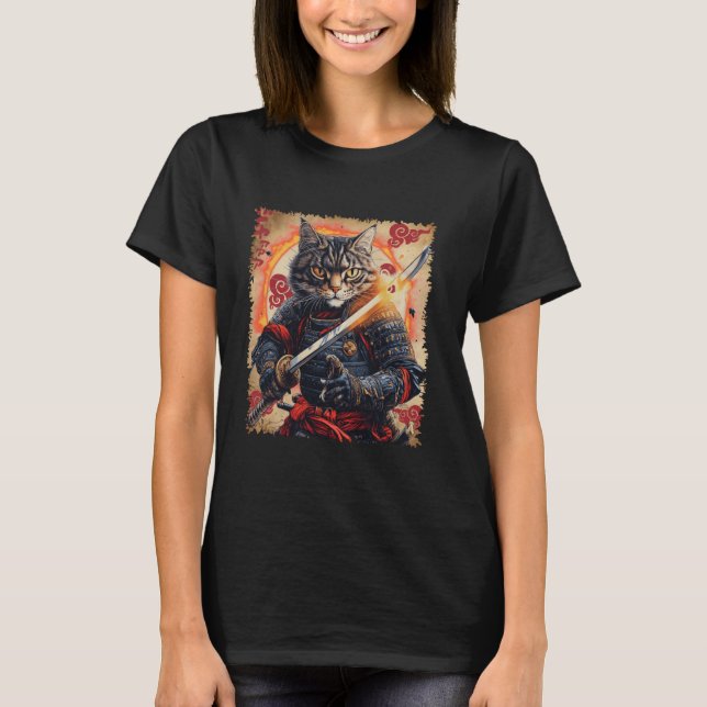 Camiseta Guerreiro Gato Samurai Ronin com Katana Feline Bus (Frente)