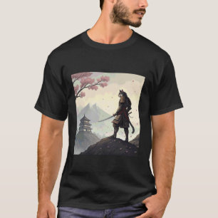 Camiseta Guerreiro Gato Samurai Sob o Céu de Flor de Cereje