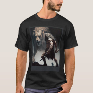 Camiseta Guerreiro Homem das Cavernas com Leão Amigável per