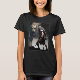 Camiseta Guerreiro Homem das Cavernas com Leão Amigável per