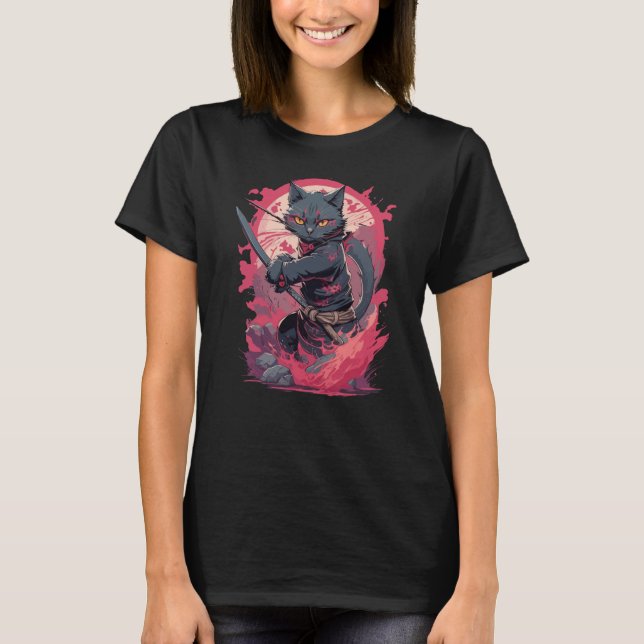 Camiseta Guerreiro Ninja Gato Preto Cute Fire Splash (Frente)