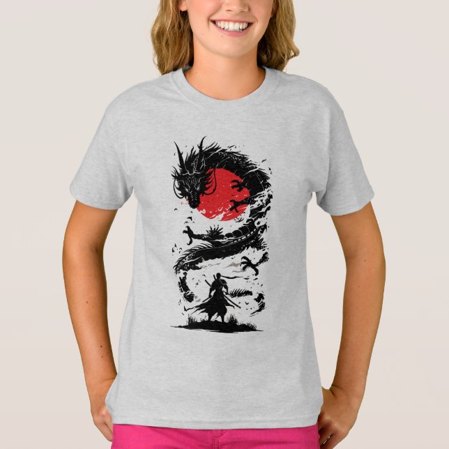 Camiseta Guerreiro Samurai e Batalha de Dragão (Frente)