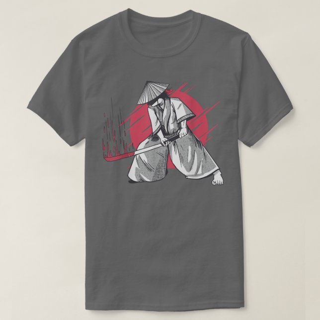 Camiseta Guerreiro Samurai segurando uma katana manchada de (Frente do Design)