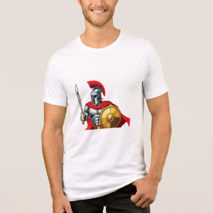 Camiseta guerreiro segurando espada e escudo pronto para a 