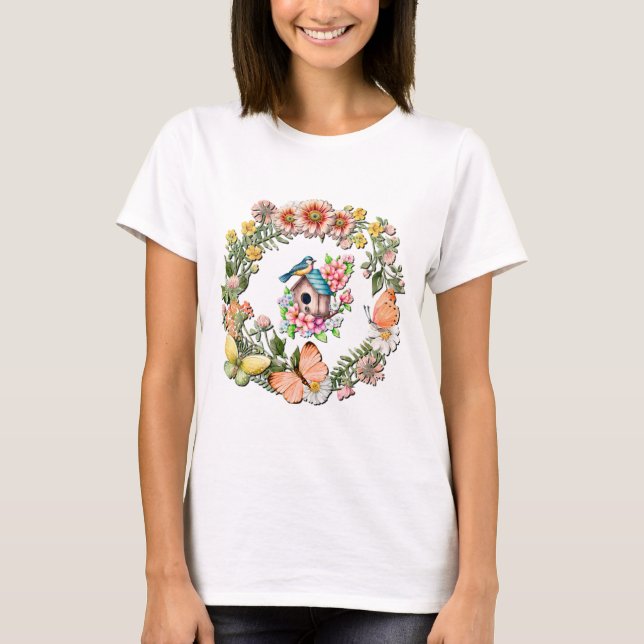 Camiseta Guirlanda de Flores Silvestres em Aquarela com Bor (Frente)