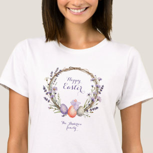 Camiseta Guirlanda de Páscoa em Aquarela Lavanda Ovos Coelh