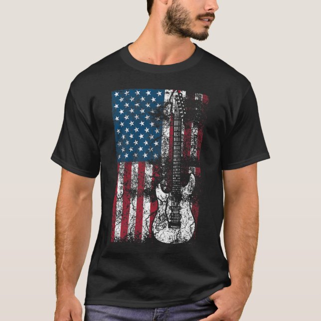 Camiseta Guitar EUA Bandeira Patriótica Guitarra Amava Pres (Frente)