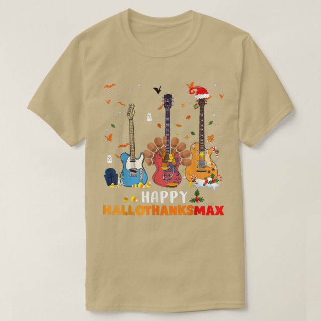 Camiseta Guitar Happy Hallothanksmas Dia das Bruxas Ação de (Frente do Design)