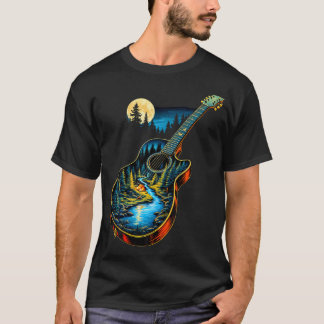 Camiseta Guitar Lake Reflections Forest Pine Tree Moon Camp