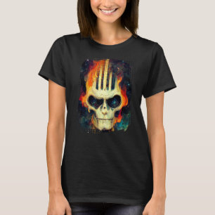 Camiseta Guitar Skeleton Skull com Chamas sobre a Galáxia