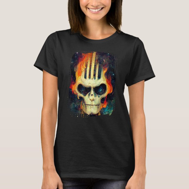 Camiseta Guitar Skeleton Skull com Chamas sobre a Galáxia (Frente)