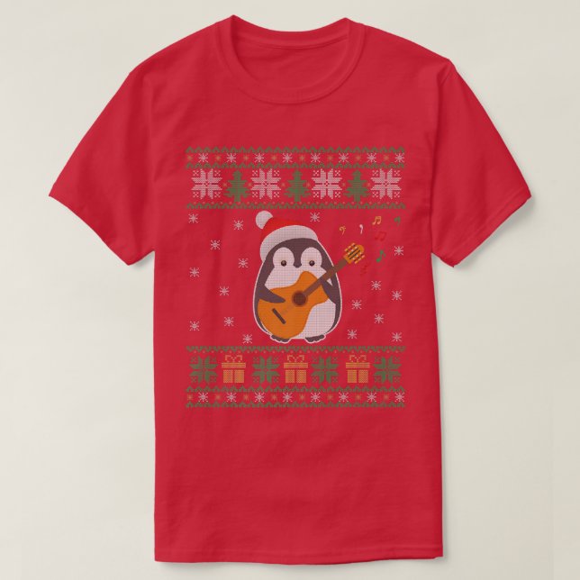 Camiseta Guitar Ugly Christmas Sweater Penguin Xmas Family  (Frente do Design)