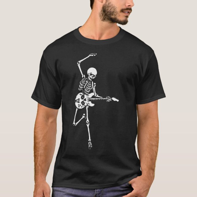 Camiseta Guitarista de Skeleton tocando violão Rock & Roll  (Frente)